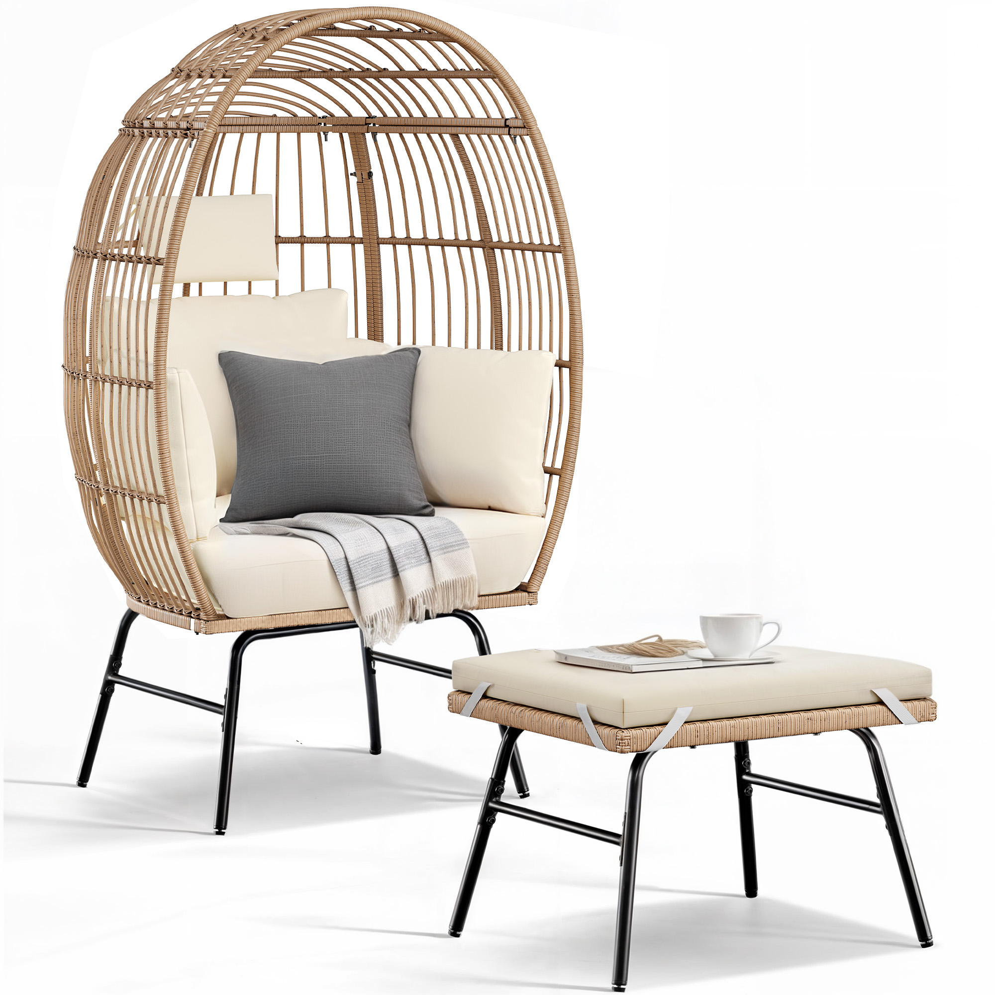 Dextrus Outdoor Egg Chair with Ottoman/Footrest, Patio Wicker Basket Chair with Stand and Cushion Cocoon Chair - Beige